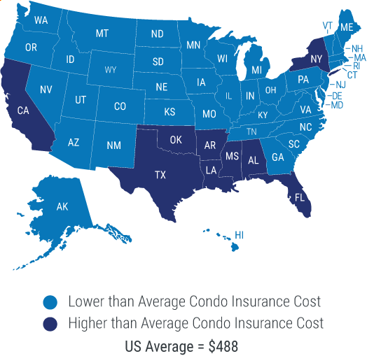 Average condo insurance rates by state. Condo Averages Map.